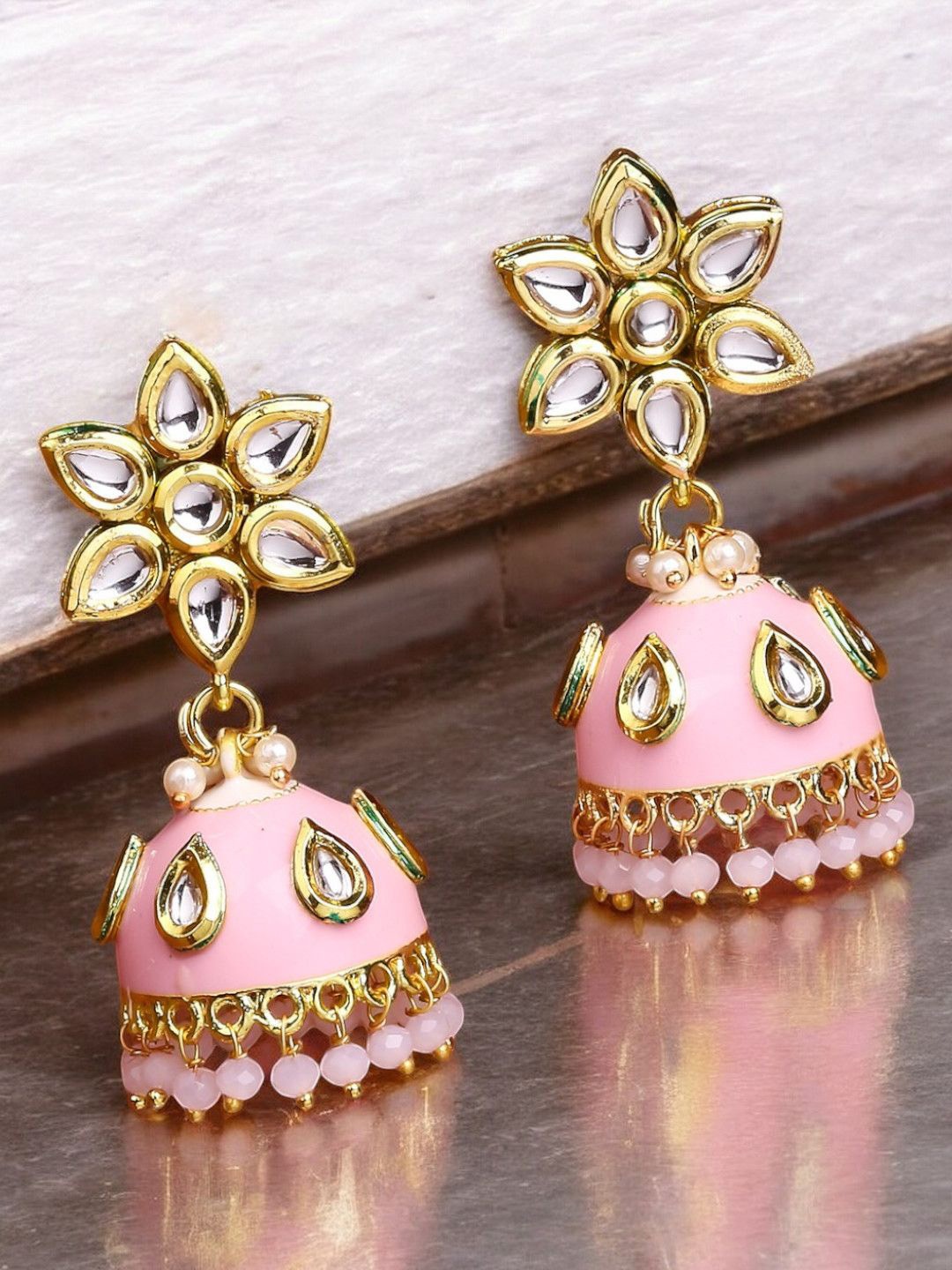 

OOMPH Kundan Studded Meenakari Floral Jhumkas, Pink