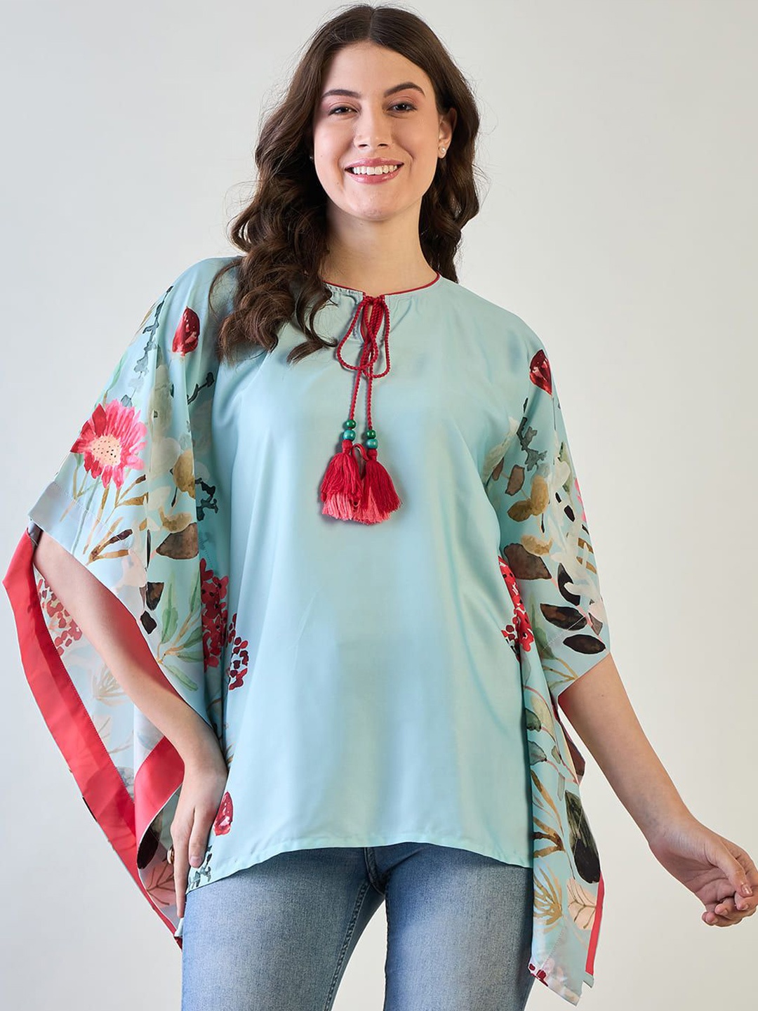 

The Kaftan Company Women Floral Printed Extended Sleeves Kaftan Top, Blue