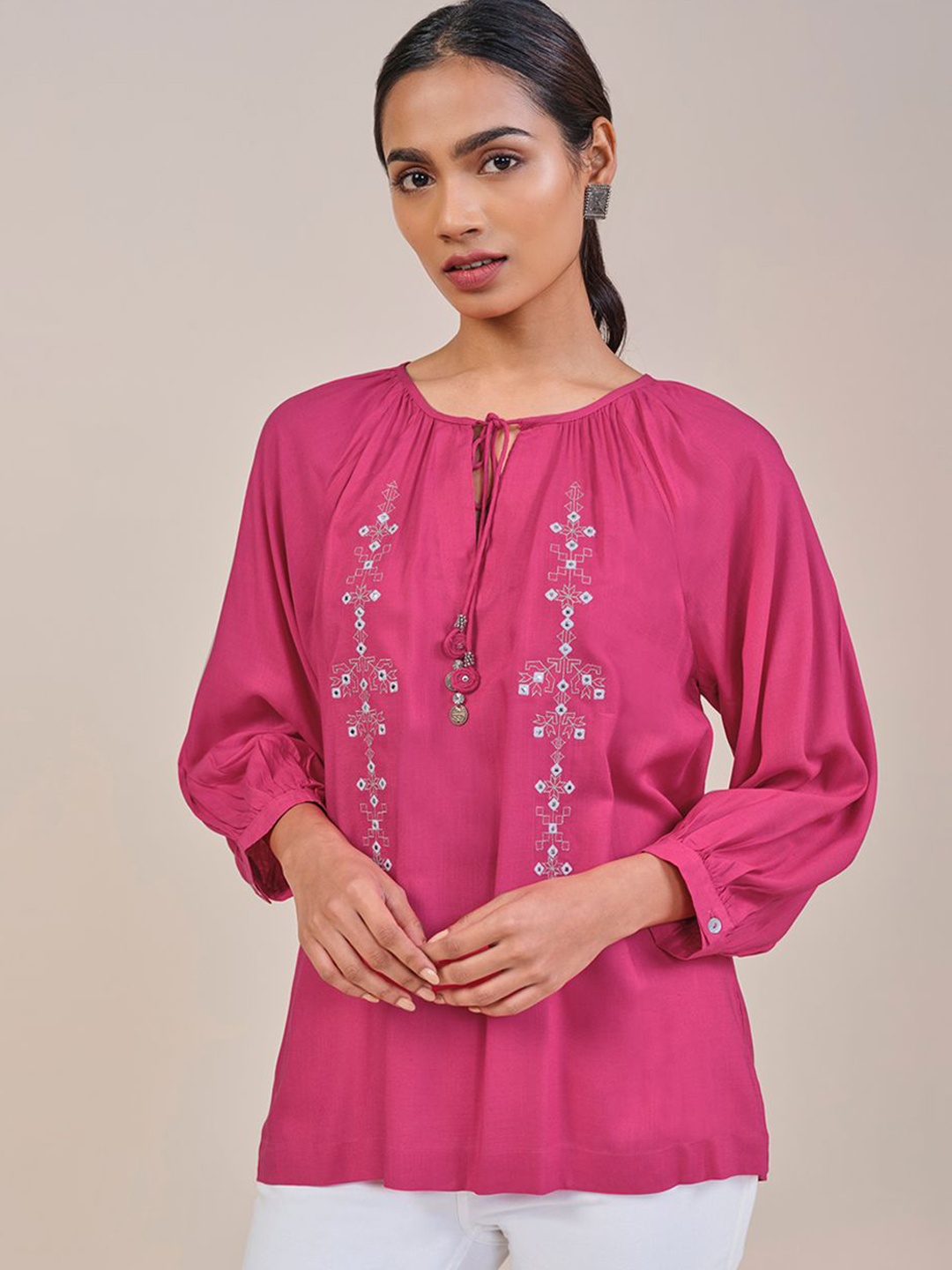 

Global Desi Women Embellished Tie-Up Neck Regular Top, Pink