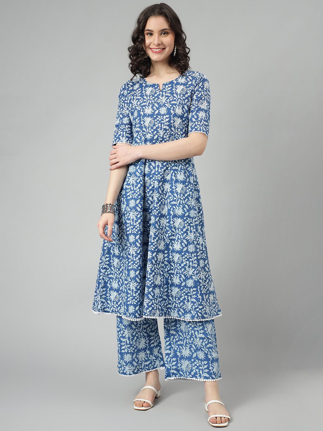 

KALINI Floral Printed A-Line Pure Cotton Kurta with Palazzos, Blue