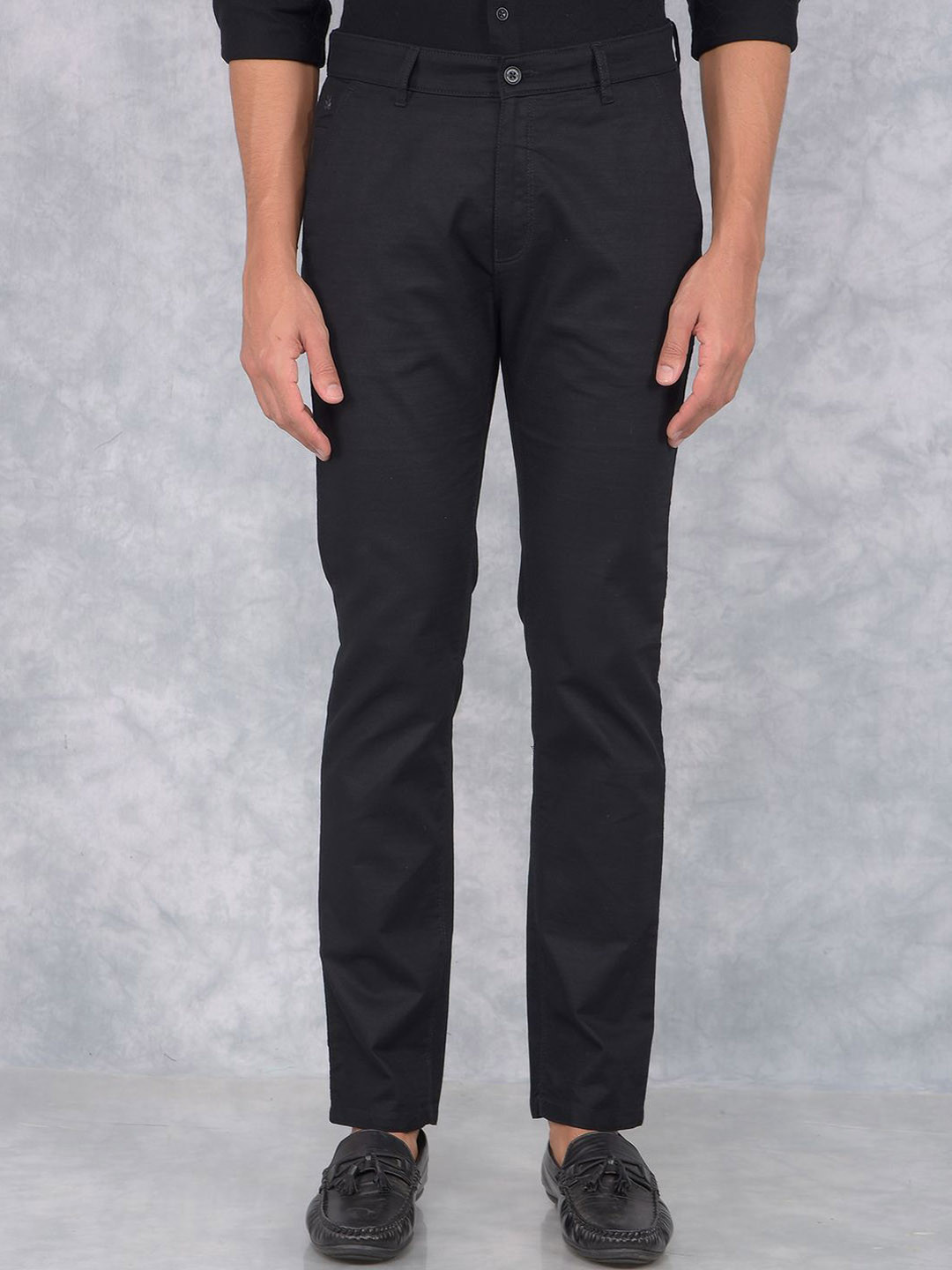 

Crimsoune Club Men Cotton Solid Smart Slim Fit Chinos Trousers, Black