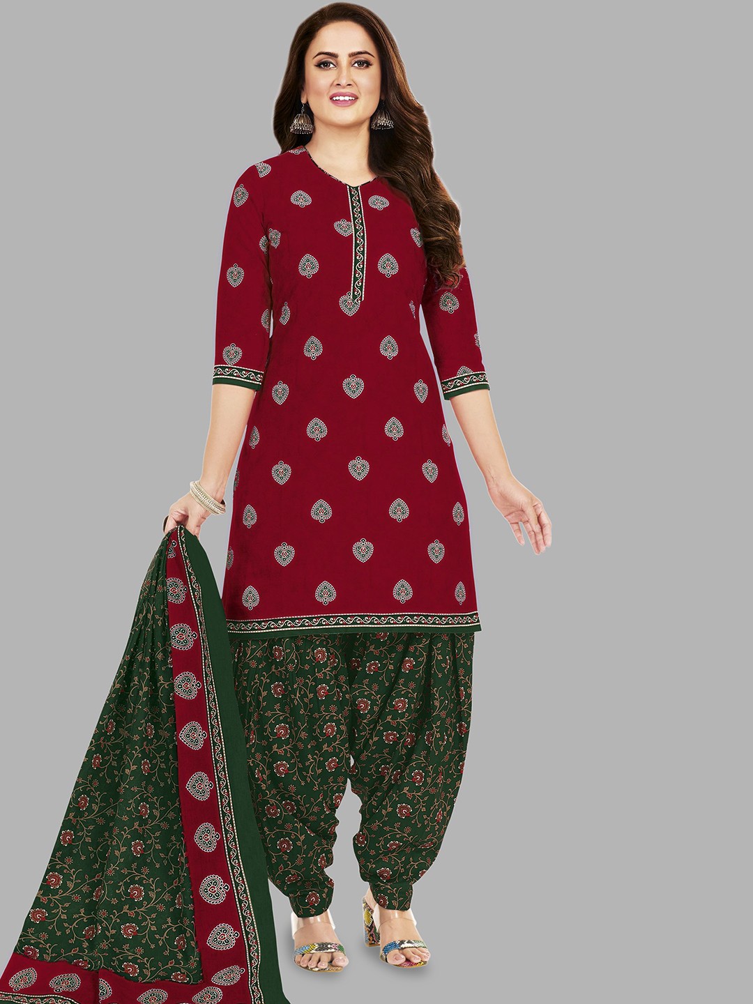 

MIRAAN Printed Pure Cotton Unstitched Dress Material, Maroon