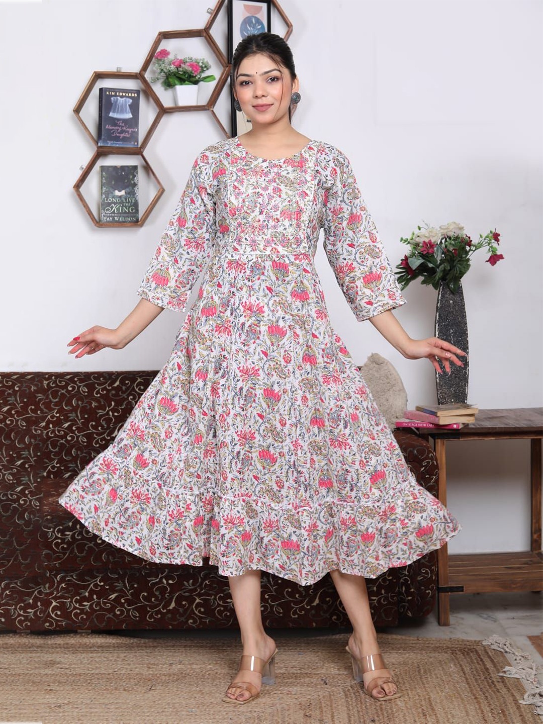 

MILAAV Women Floral Printed Cotton Anarkali Ethnic Dress, Pink