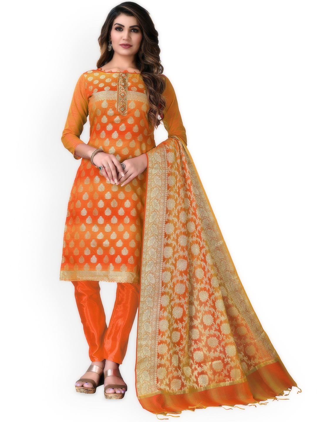 

Maroosh Floral Embellished Zari Banarasi Jacquard Unstitched Dress Material, Orange