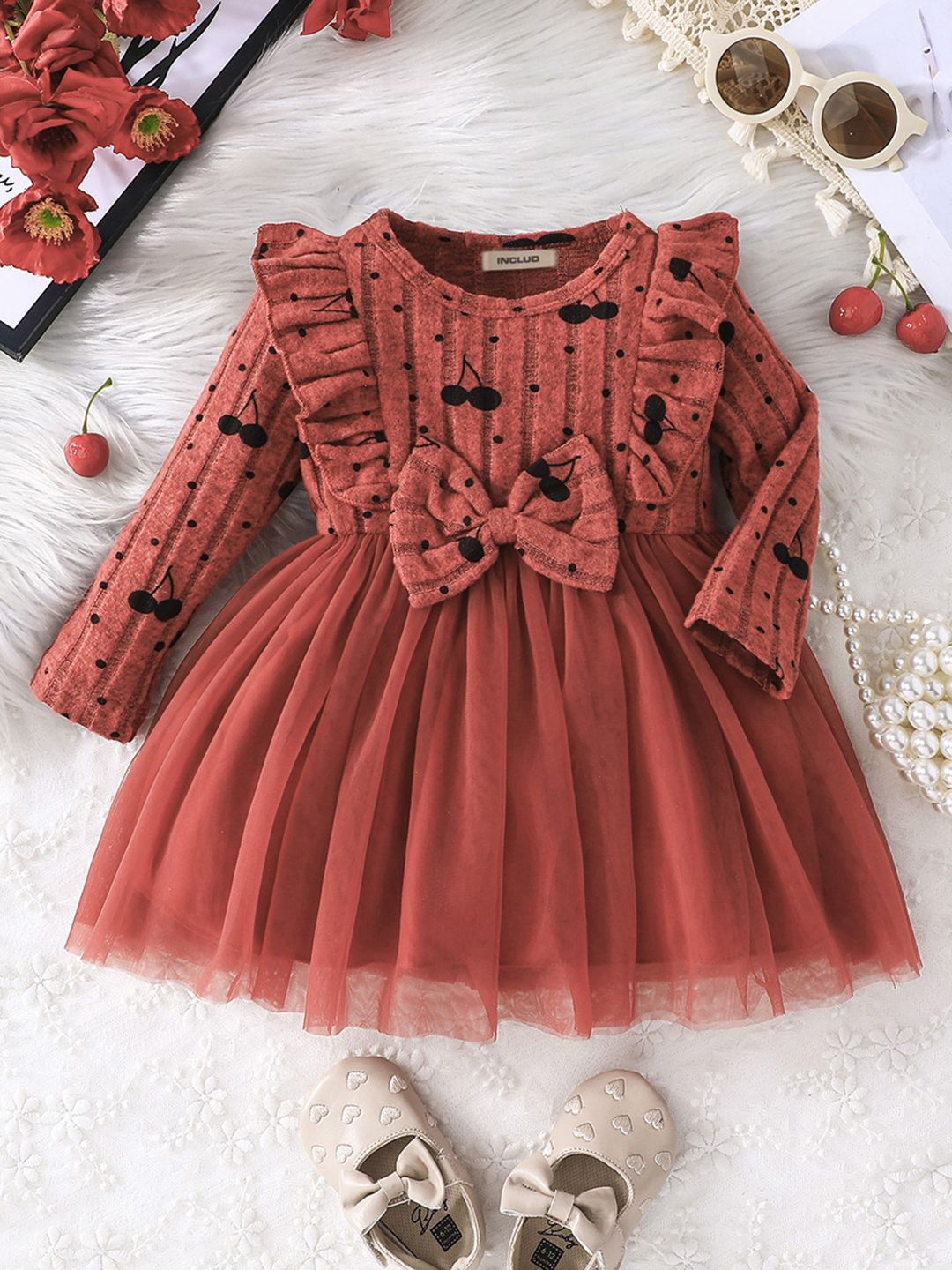 

INCLUD Girls Bow Full Sleeves Winterwear Fit & Flare Dress, Brown