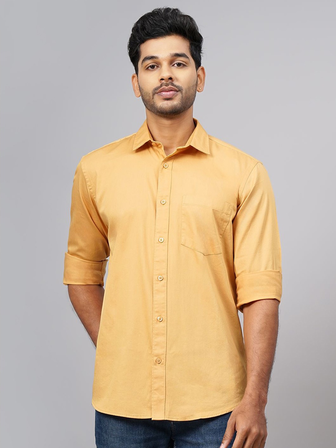 

Greenfibre Men Cutaway Collar Solid Cotton Casual Shirt, Yellow