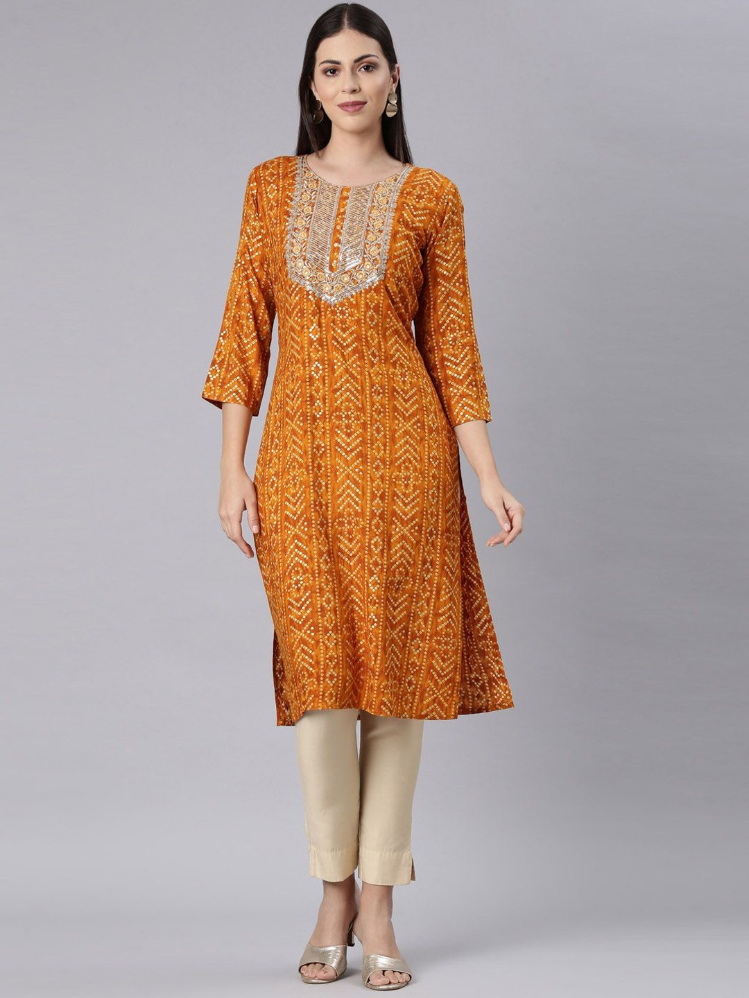 

Neerus Bandhani Embellished Kurta, Mustard