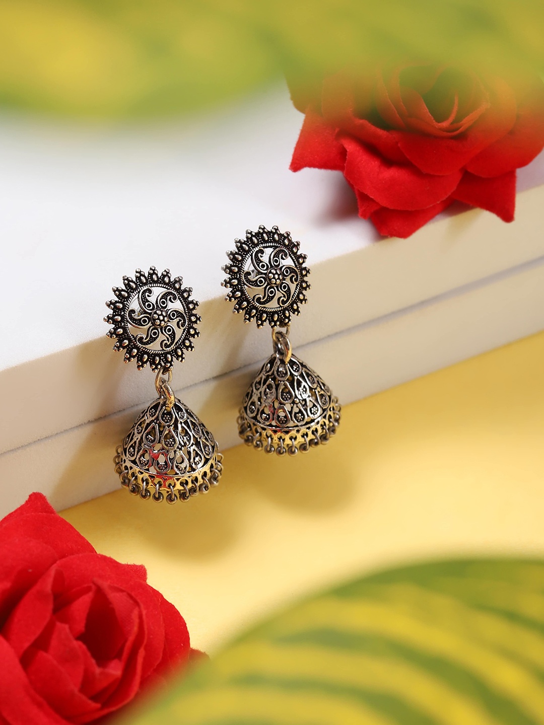 

Styled Diva Silver-Plated Contemporary Oxidised Jhumkas Earrings