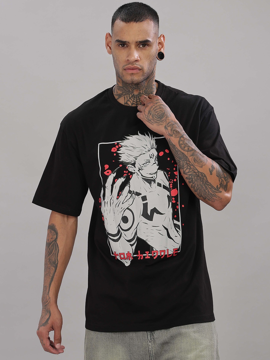 

TOMHIDDLE Men Graphic Printed Round Neck Cotton Relaxed Fit T-shirt, Black