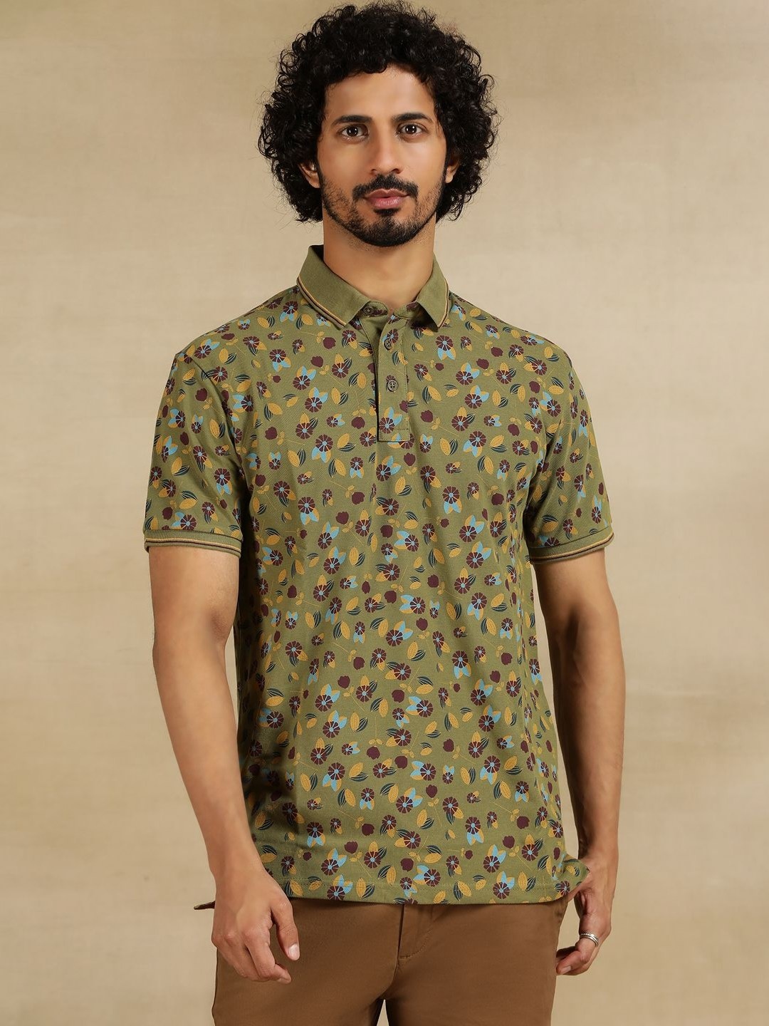 

JADE BLUE Men Floral Printed Polo Collar Cotton Slim Fit T-shirt, Olive