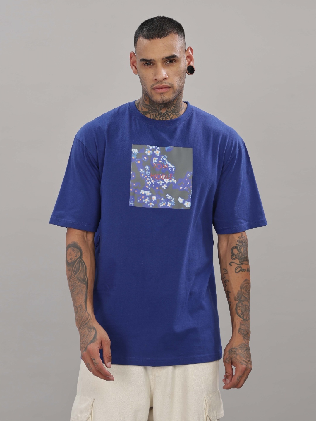

TOMHIDDLE Men Floral Printed Round Neck Cotton Oversized T-shirt, Blue