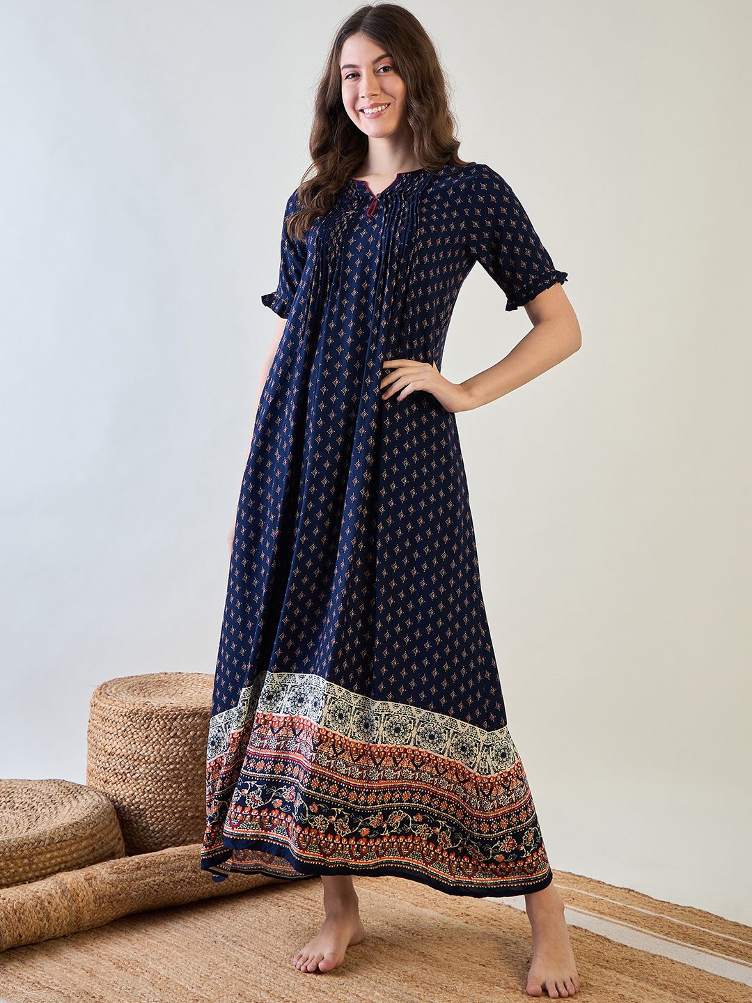 

The Kaftan Company Woman Everyday Ethnic Motifs Printed Maxi Nightdress, Navy blue
