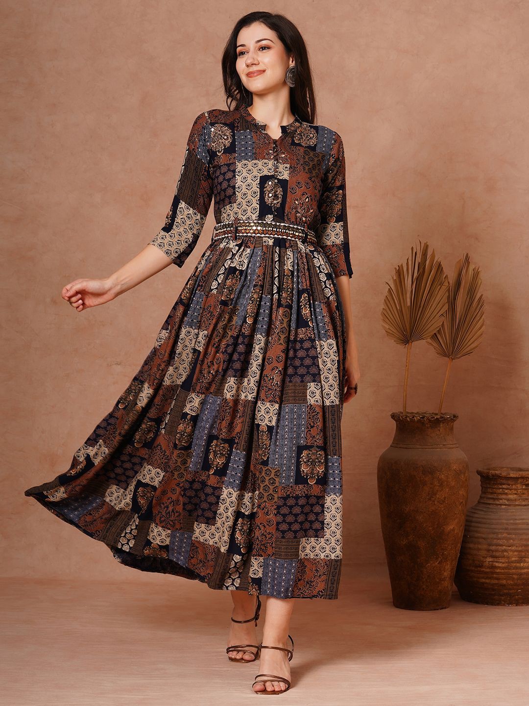 

FASHOR Women Ethnic Motifs Printed Fit and Flare Maxi Dress With Belt, Multi