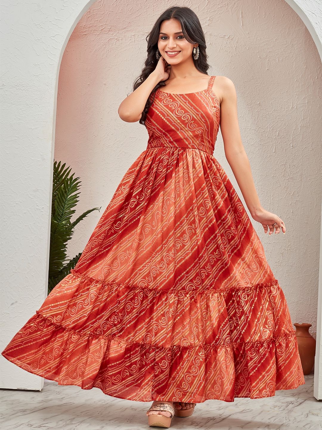 

Chandbaali Women Geometric Printed Fit & Flare Midi Dress, Red
