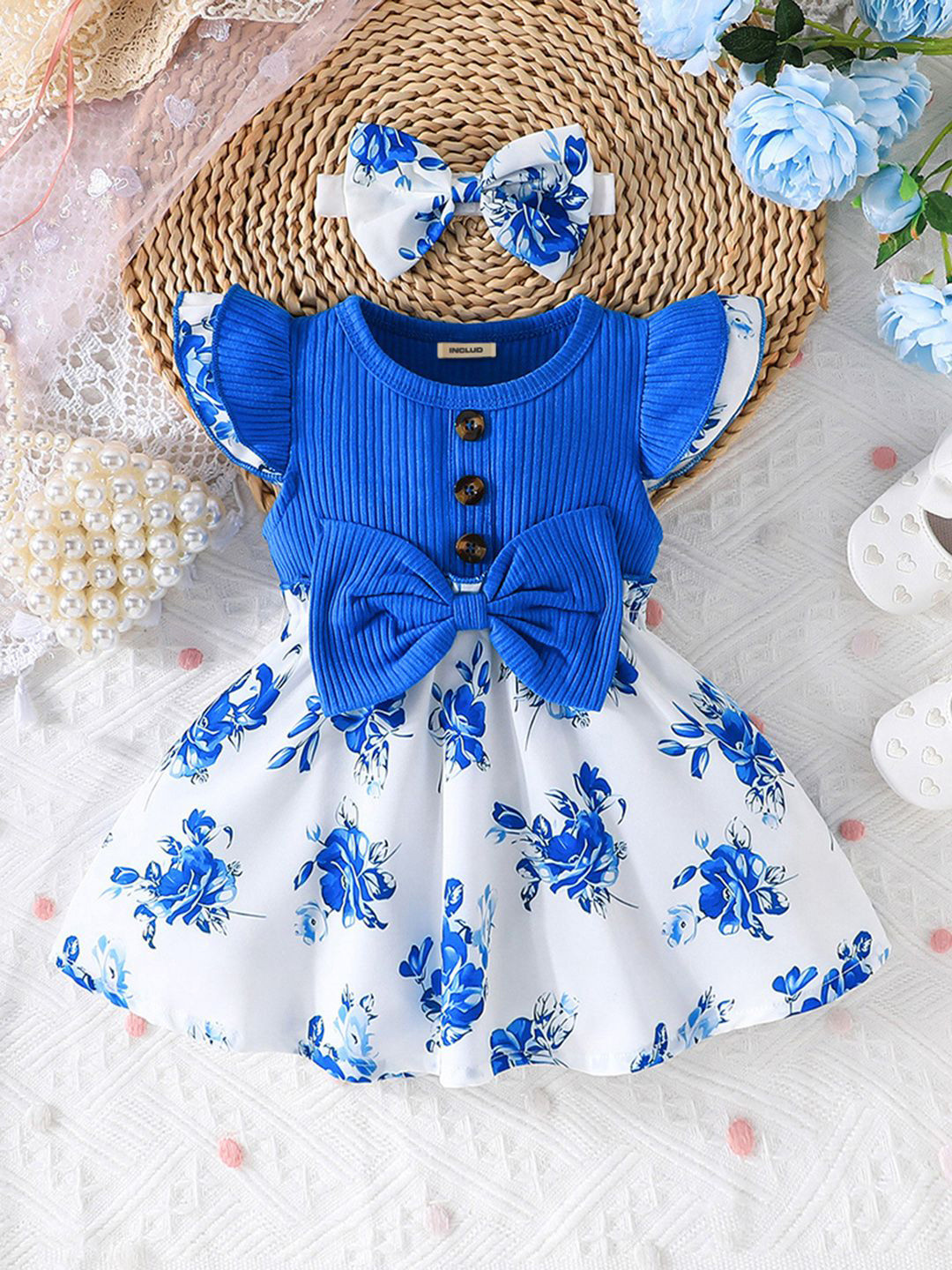 

INCLUD Girls Floral Printed Flared Sleeve Fit & Flare Casual Dress, Navy blue