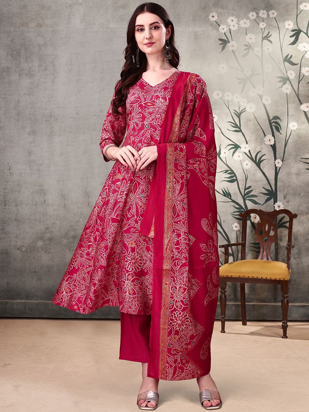 

KALINI Bandhani Printed Anarkali Kurta with Palazzos & Dupatta, Pink