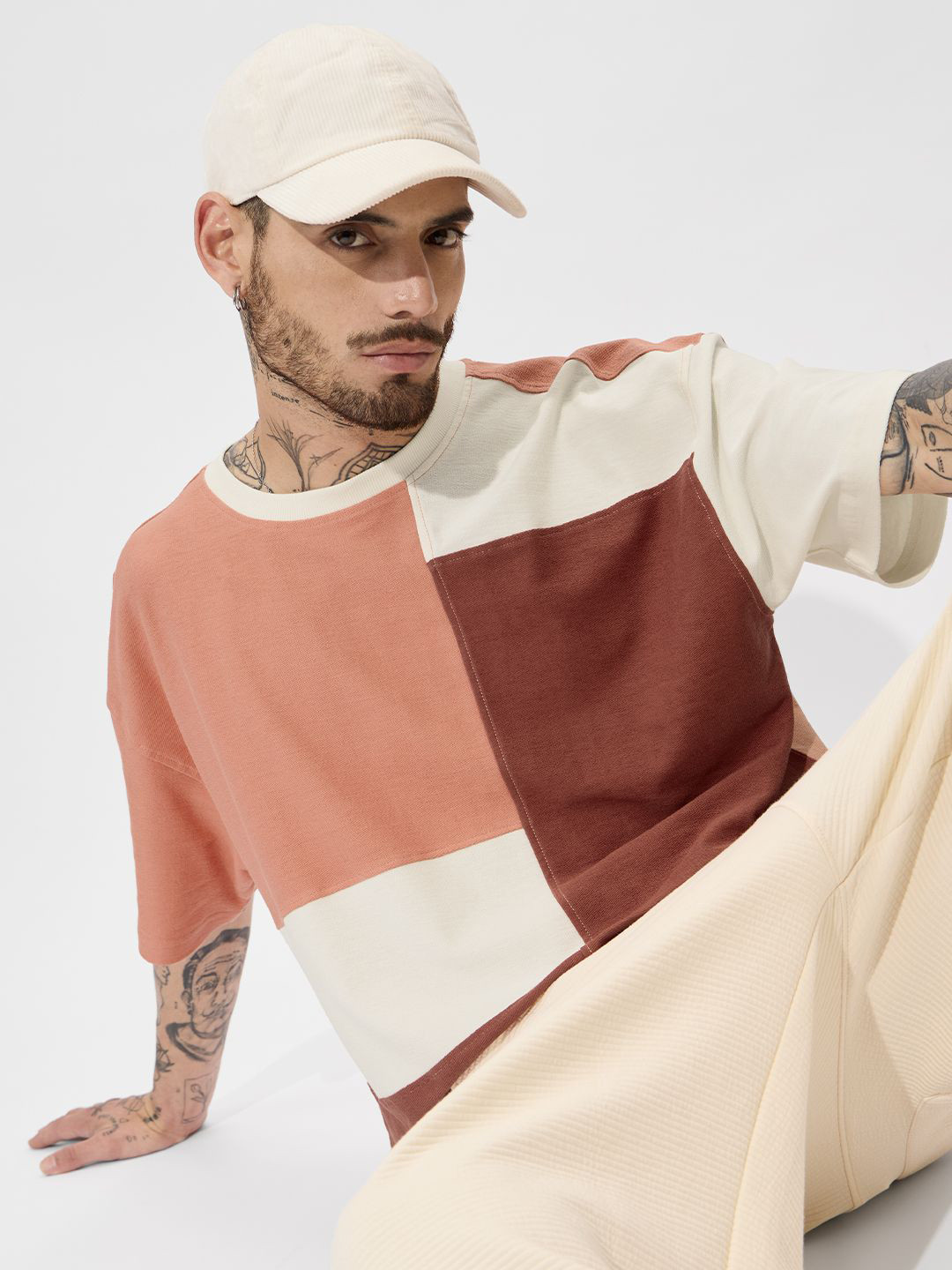 

The Souled Store Men Colourblocked Round Neck Cotton Oversized T-shirt, Peach