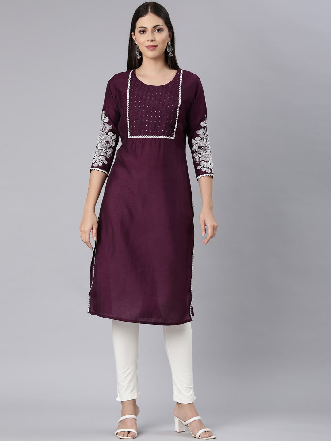 

Neerus Yoke Design Round Neck Sequinned Straight Kurta, Purple