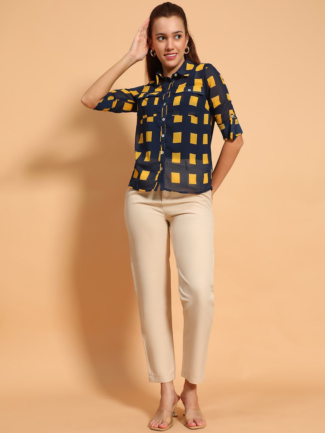 

Oxolloxo Women Smart Spread Collar Geometric Printed Casual Shirt, Navy blue