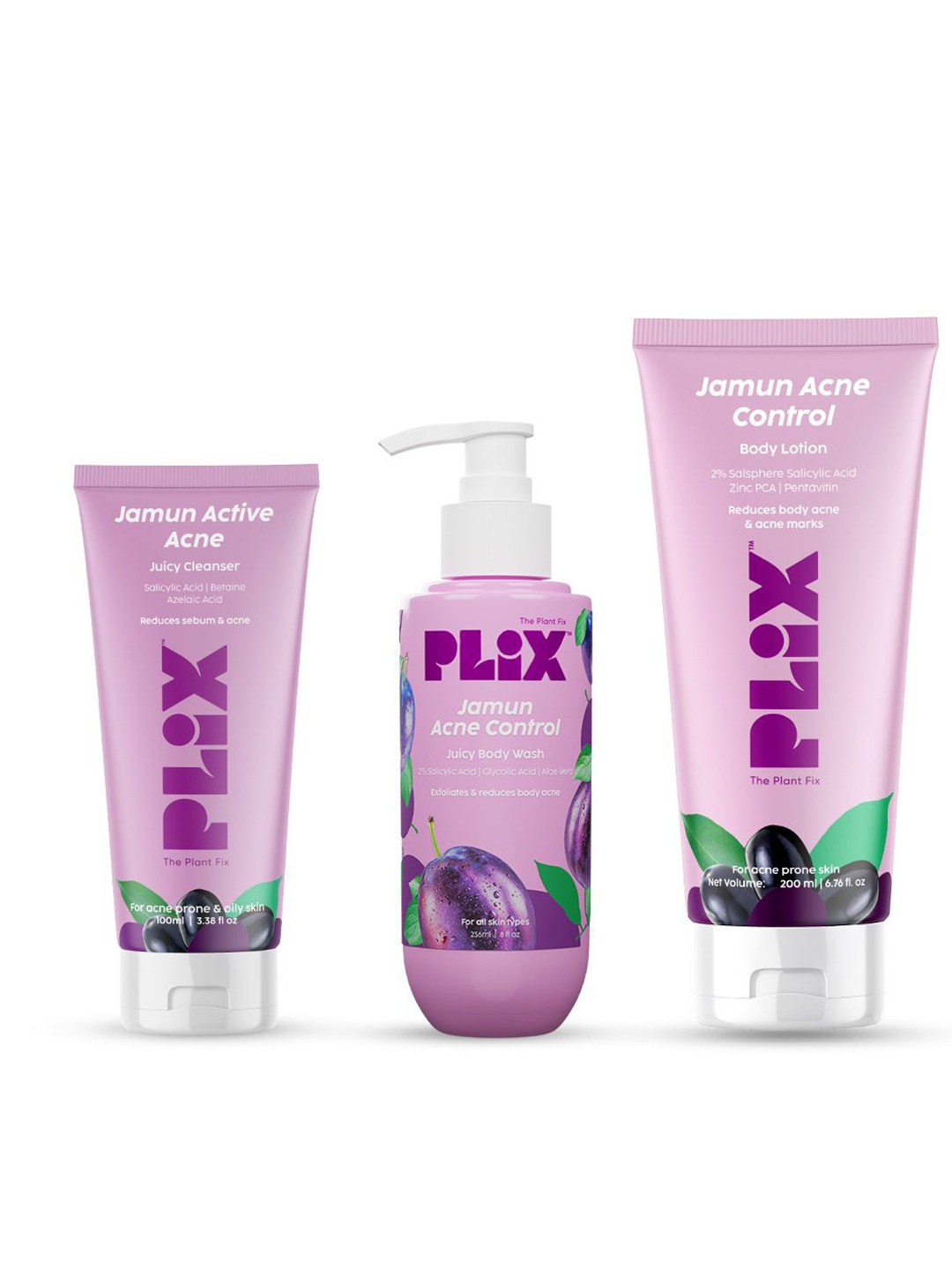 

PLIX THE PLANT FIX Jamun Acne Control Regime - Cleanser + Body Wash + Lotion, Purple