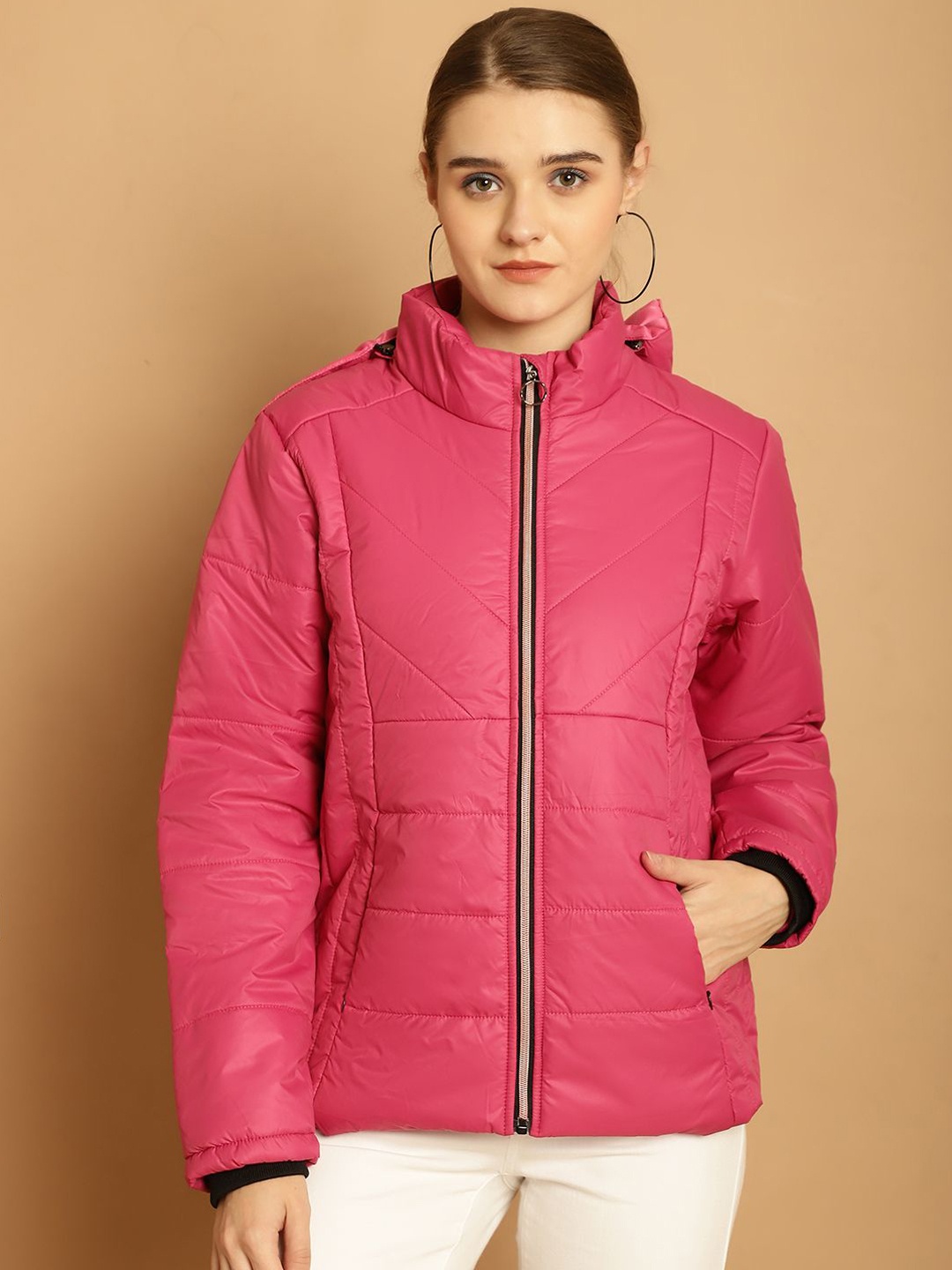 

WELL QUALITY Women Hooded Solid Casual Parka Jacket, Pink