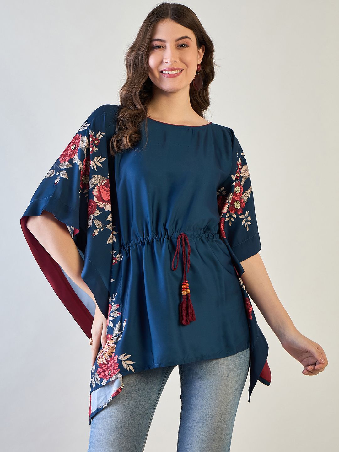 

The Kaftan Company Women Floral Printed Extended Sleeves Kaftan Top, Navy blue