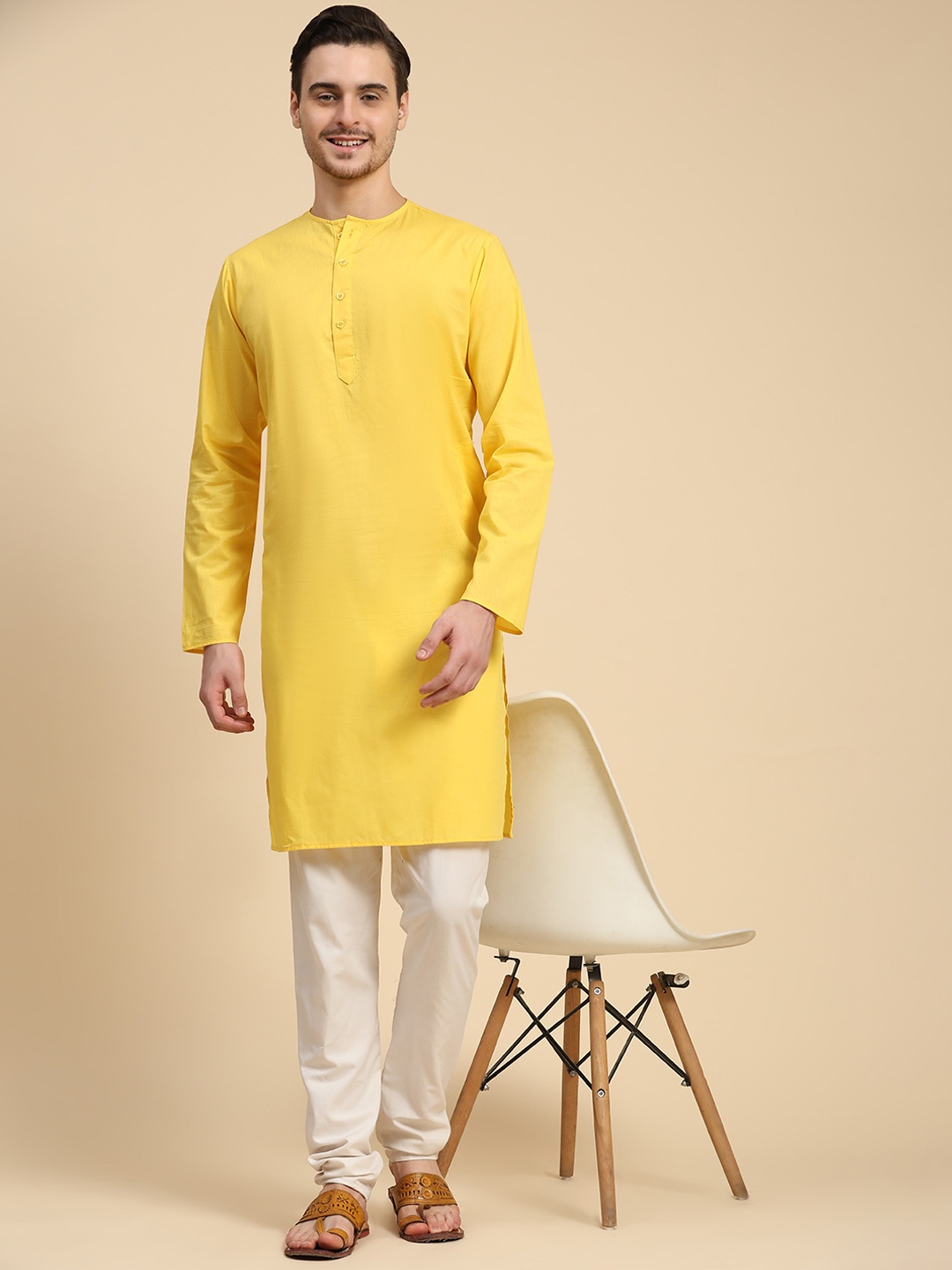 

SKAVIJ Round Neck Long Sleeves Pure Cotton Straight Kurta with Pyjamas, Yellow