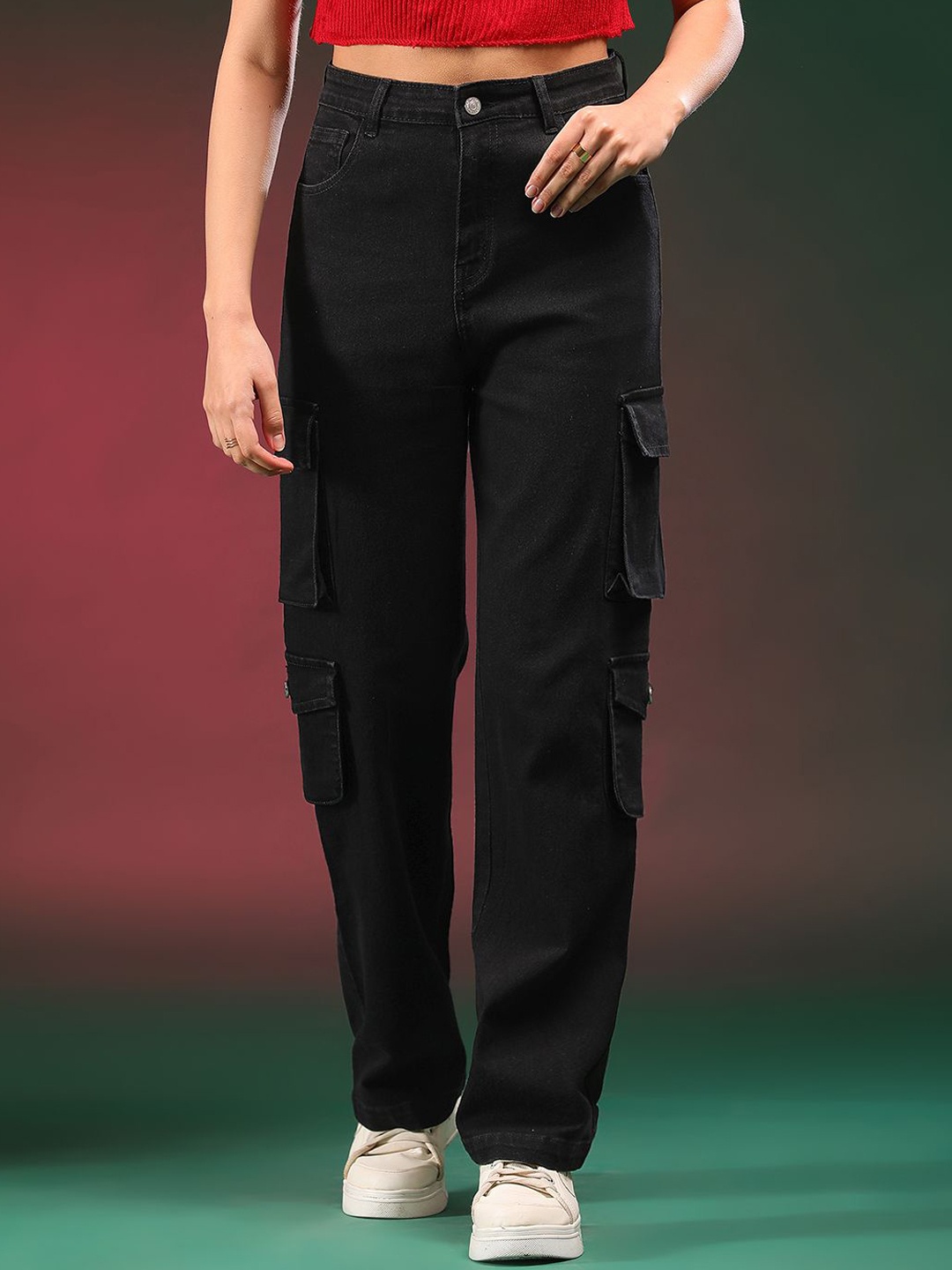 

Kotty Women Straight Fit High-Rise Stretchable Jeans, Black