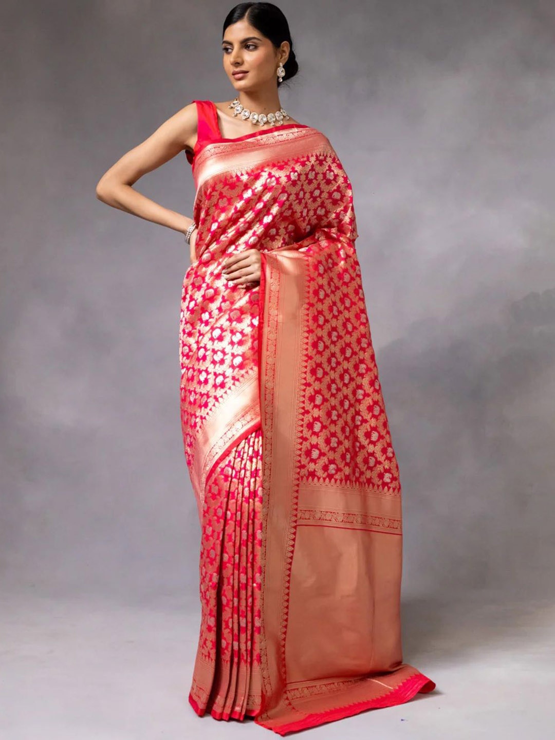 

S.K.C Ethnic Motifs Woven Design Zari Banarasi Saree, Red