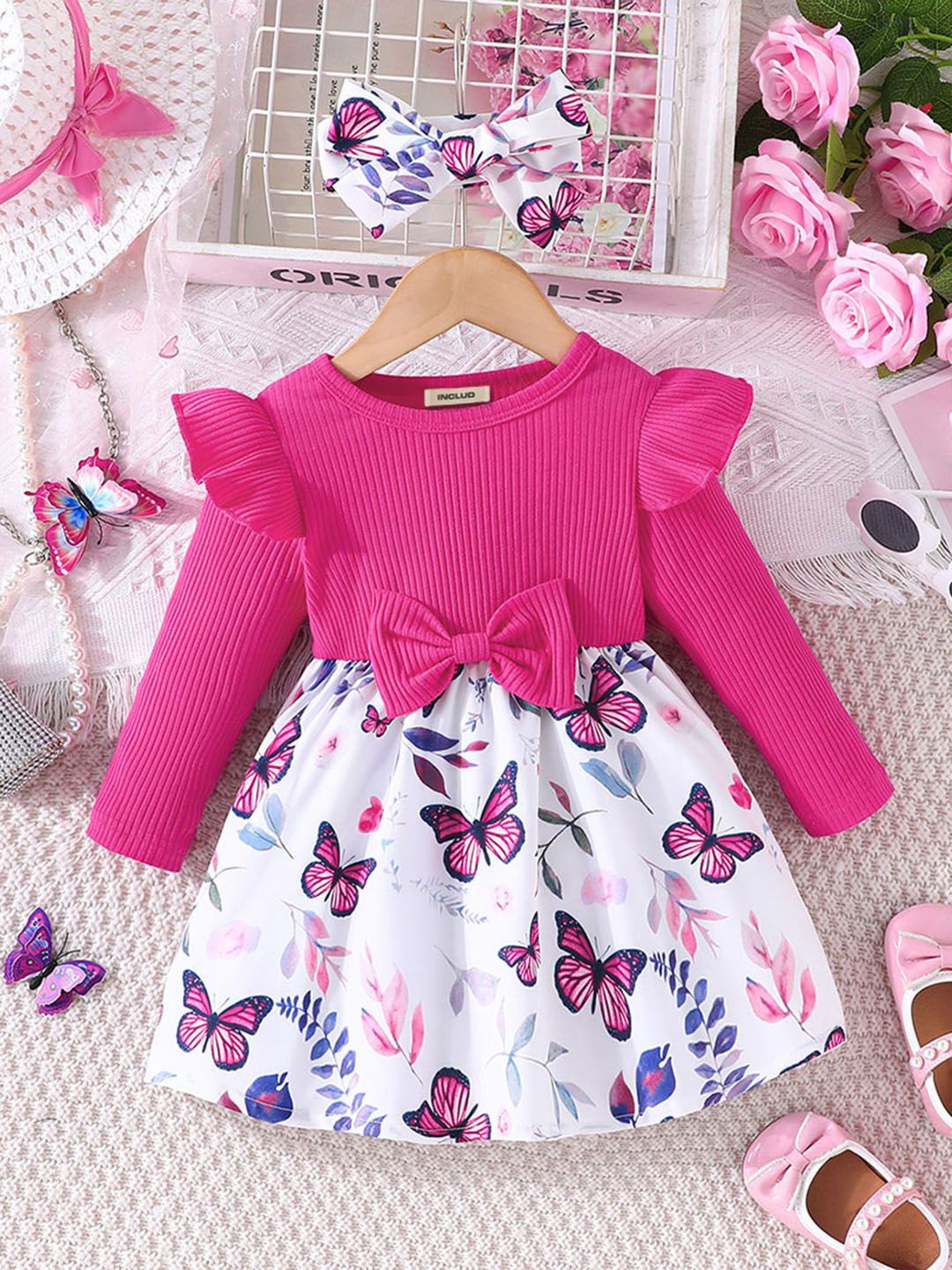 

INCLUD Girls Cotton Printed Fit & Flare Dress, Pink