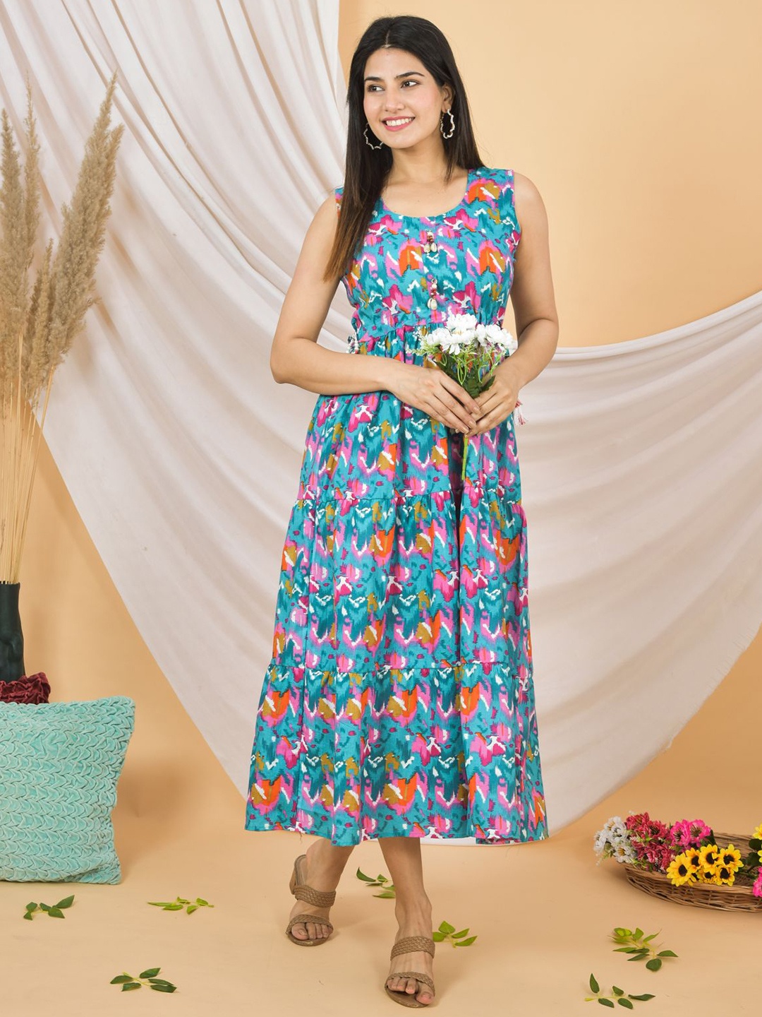 

JAHIDA COMFORT WITH STYLE Women Floral Printed Pure Cotton Fit & Flare Maxi Dress, Multi