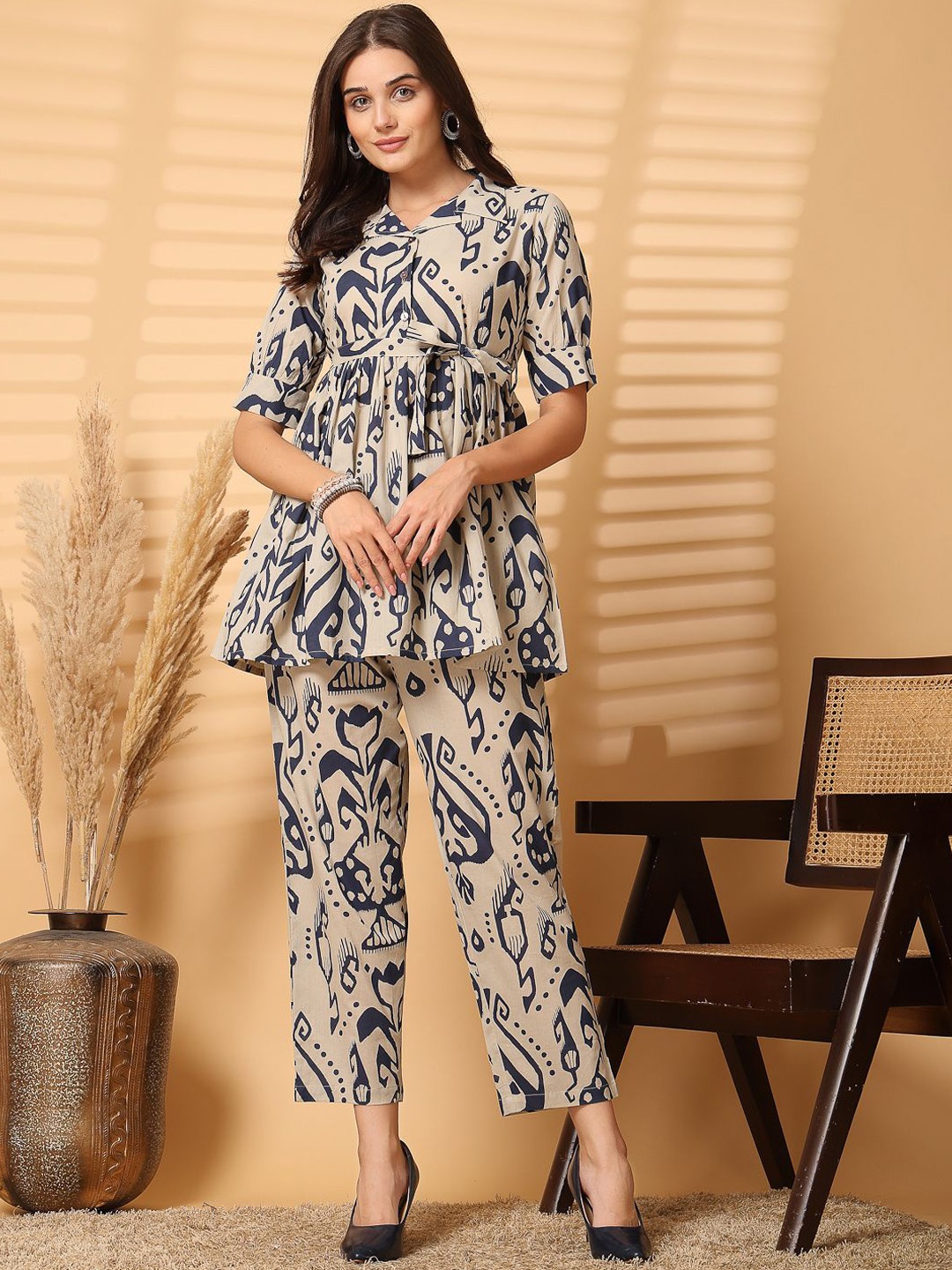 

Pistaa Printed Pure Cotton Top With Trousers Co-Ords, Beige