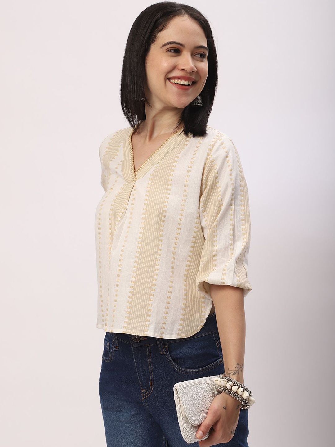 

R&B Women Print Puff Sleeve Cotton Top, Beige