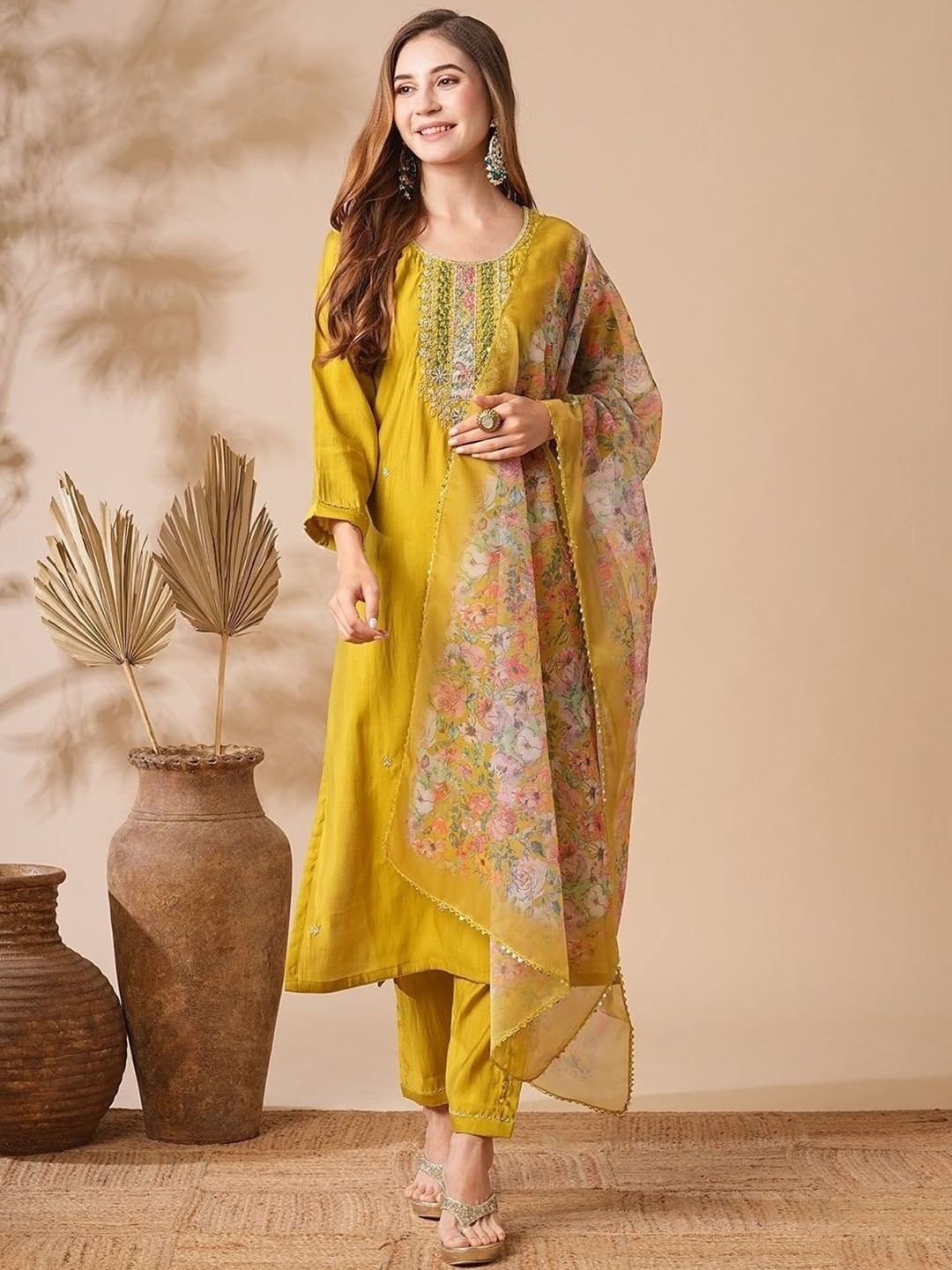 

KALINI Floral Embroidered Chanderi Cotton Kurta With Trousers & Dupatta, Mustard
