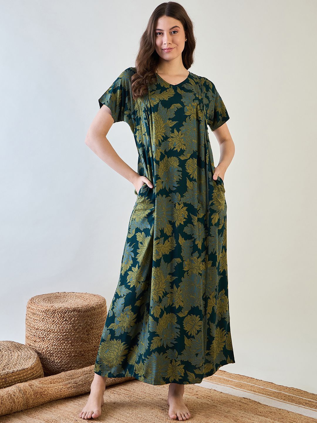 

The Kaftan Company Printed Maxi Nightdress, Green