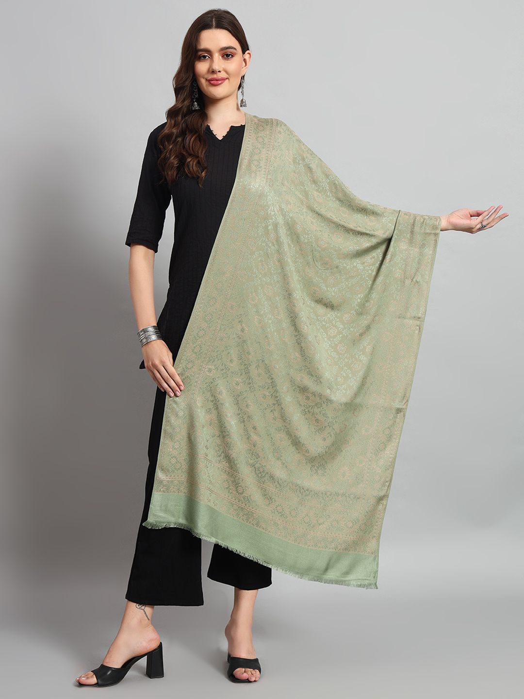 

HANDICRAFT PALACE Floral Women Woven Design Stole, Green