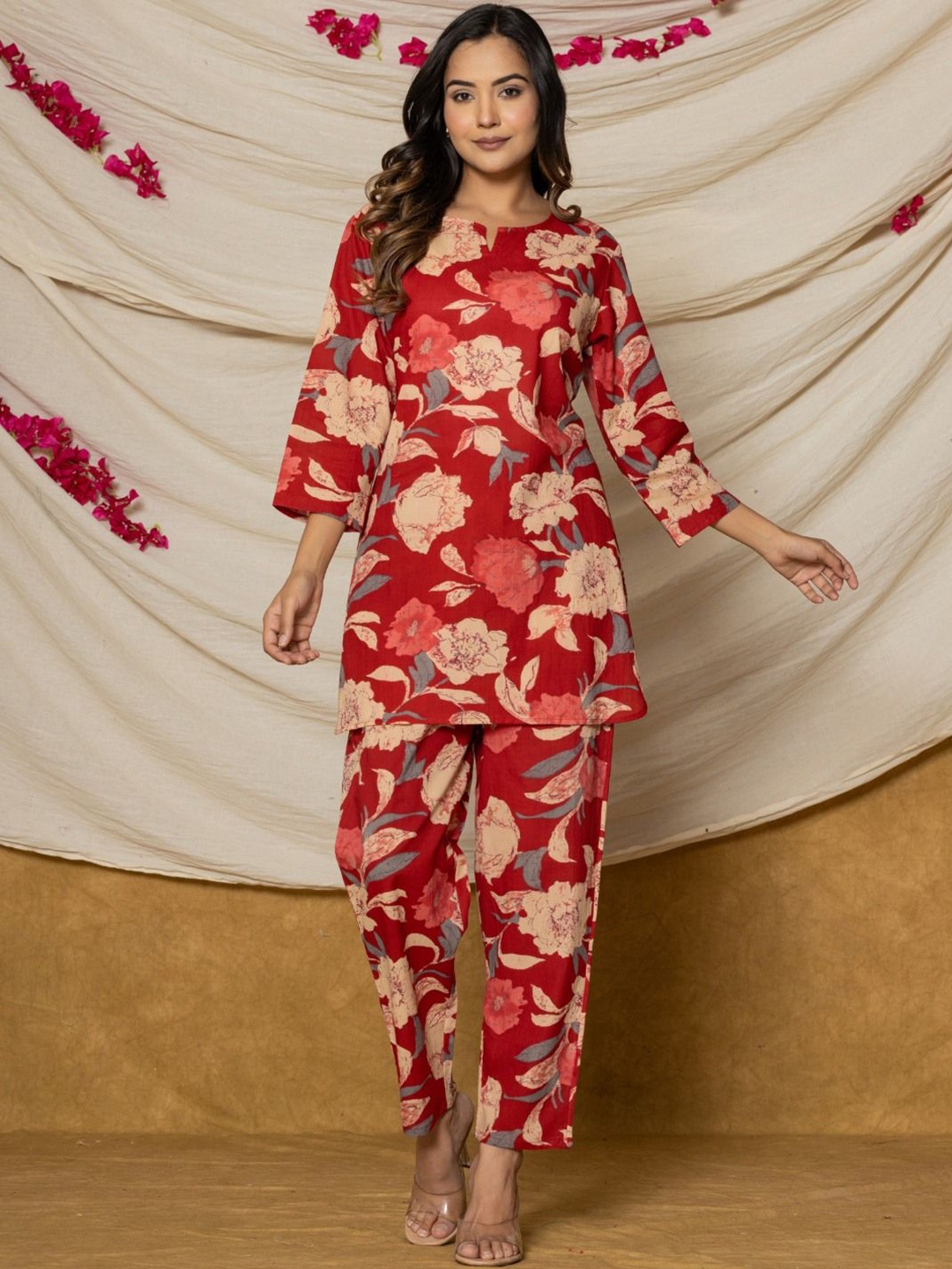 

VEDANA Printed Pure Cotton Tunic With Trouser Co-Ords, Red