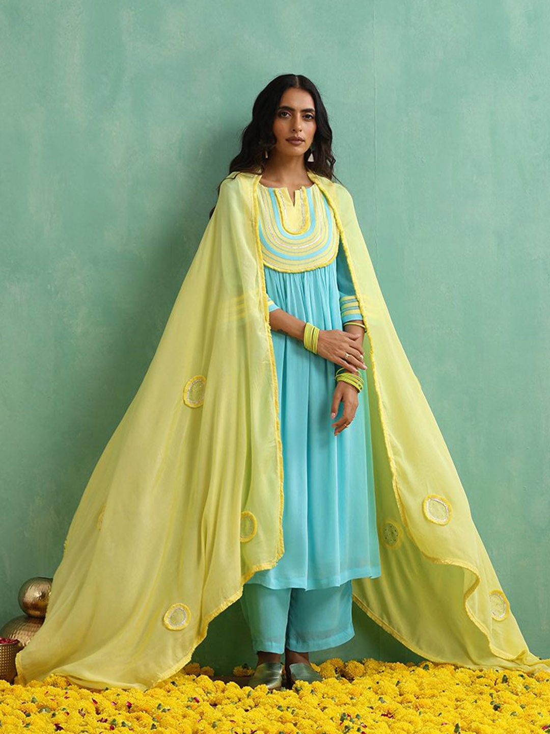 

indy Raaga Notched Round Neck Lace & Gotta Patti Silk Chiffon Straight Kurta with Trousers, Turquoise blue