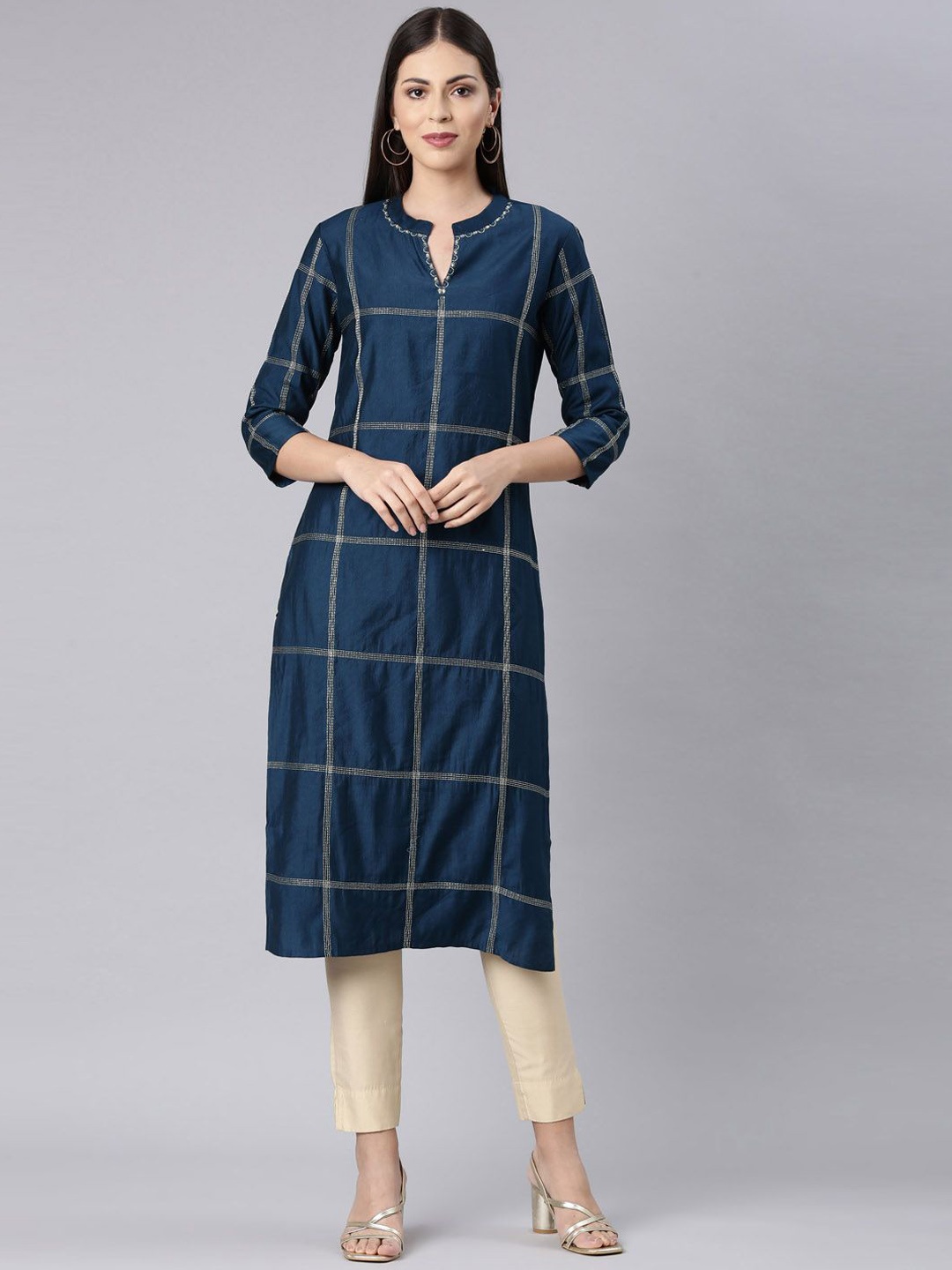 

Neerus Checked Embroidered Thread Work Pure Cotton Straight Kurta, Blue