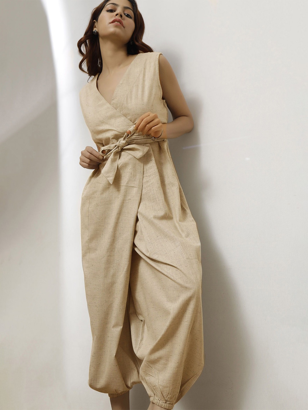 

TJORI Women Wrap Around Cotton Culotte Jumpsuit, Beige