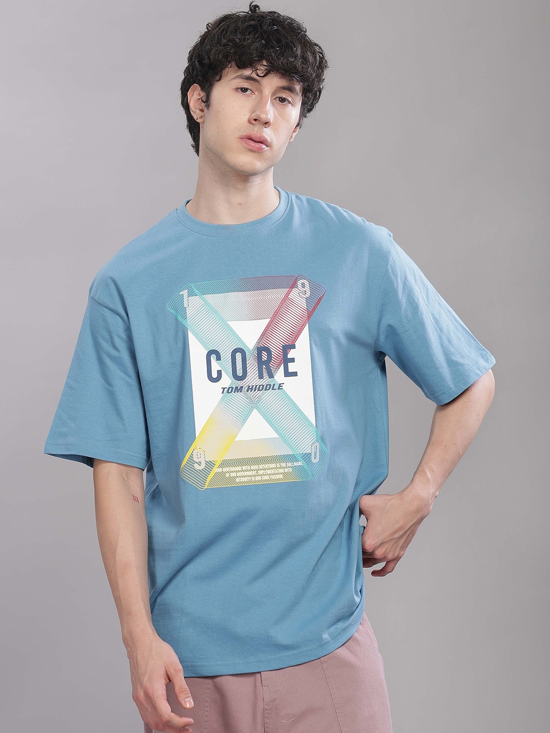 

TOMHIDDLE Men Graphic Printed Round Neck Cotton Oversized T-shirt, Blue