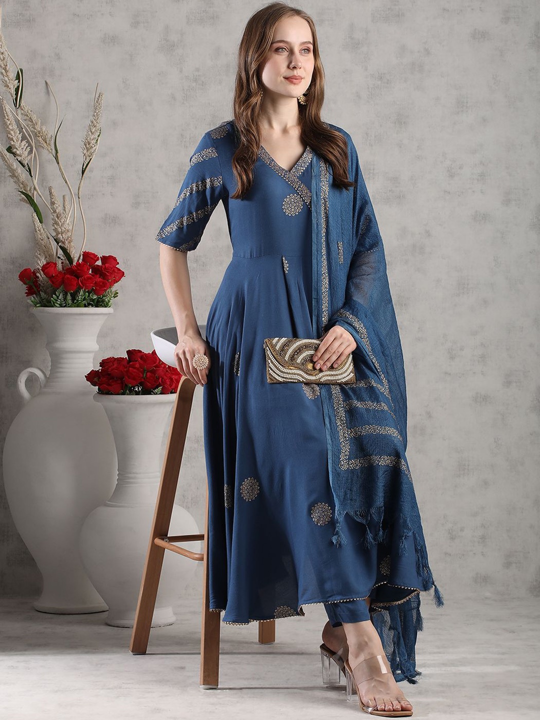 

KALINI Floral Printed V-Neck Anarkali Kurta With Trousers & Dupatta, Blue