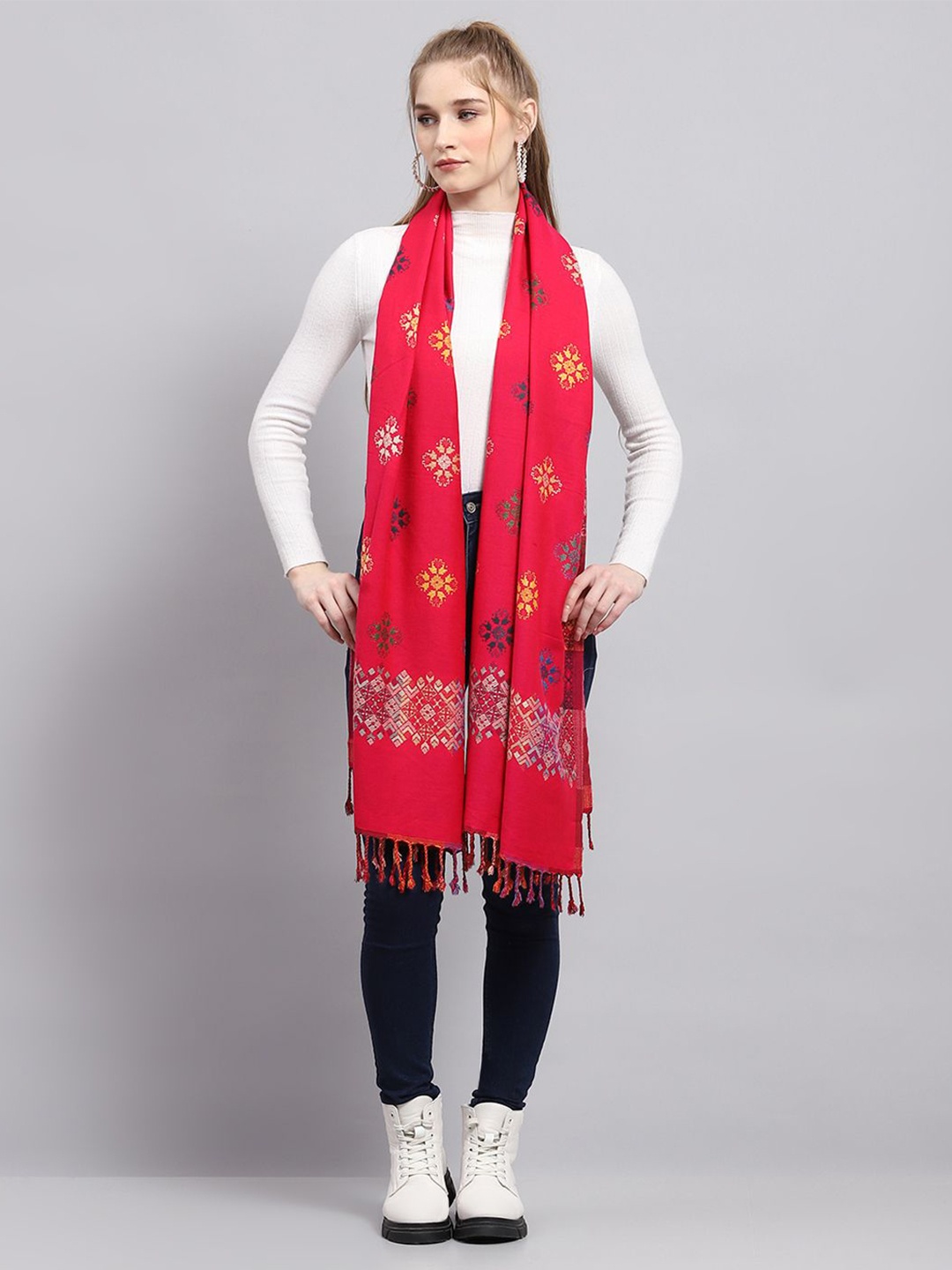 

Monte Carlo Women Woven Design Casual Stole With Tasselled, Red