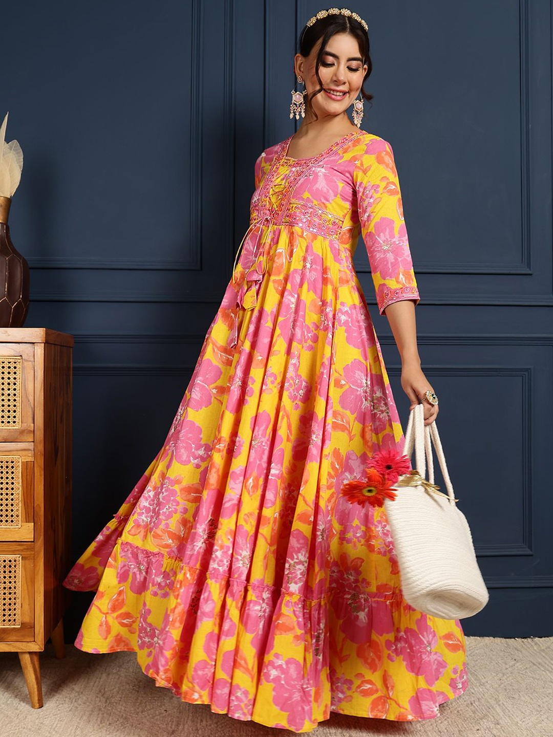 

GULMOHAR JAIPUR Women Floral Printed Cotton Gown Maxi Dress, Yellow