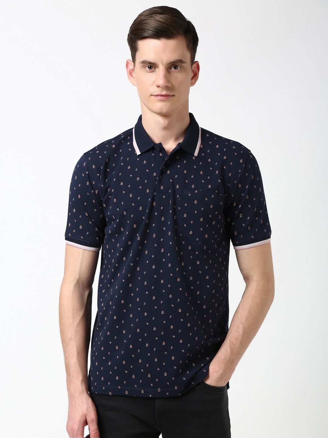 

Peter England Men Geometric Printed Polo Collar Cotton T-shirt, Navy blue
