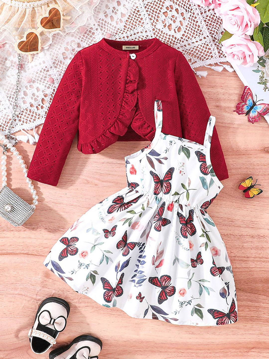

INCLUD Girls Cotton Printed Fit & Flare Dress, Red
