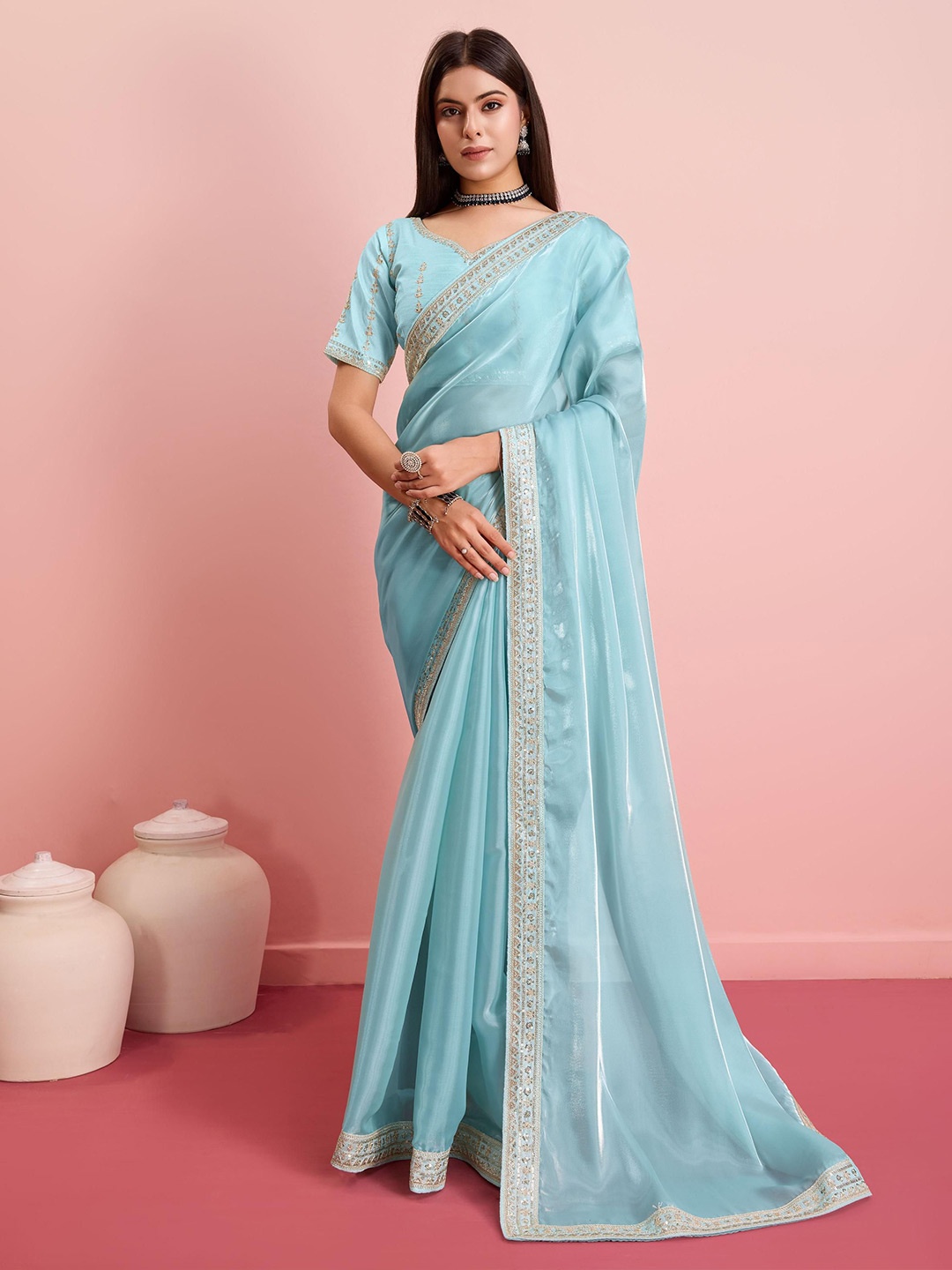 

VAIRAGEE Embellished Sequinned Ready to Wear Saree, Turquoise blue