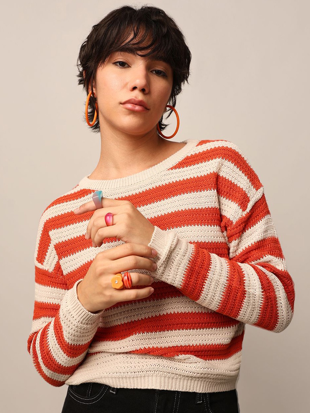 

ONLY Women Striped Round Neck Pullover, Beige