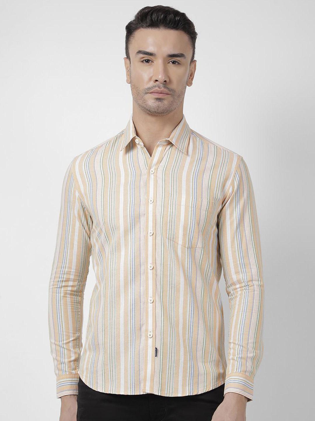 

Numero Uno Men Cutaway Collar Multi Striped Cotton Slim Fit Casual Shirt, Orange
