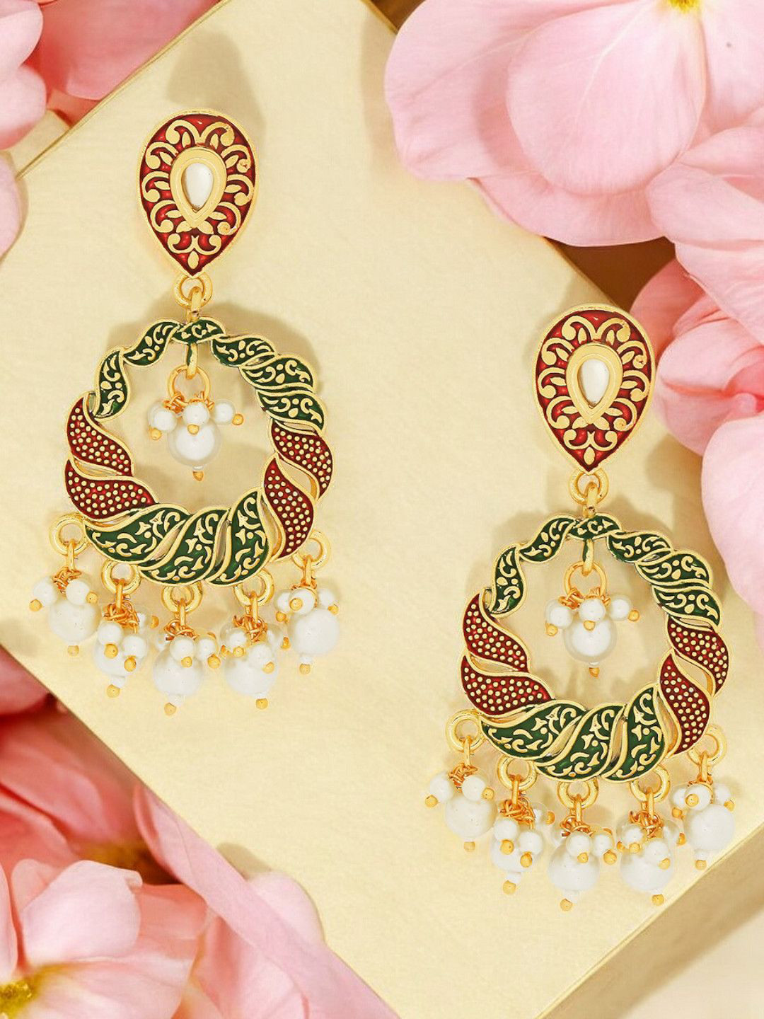 

OOMPH Floral Meenakari Kundan & Pearl Drop Earrings, Red